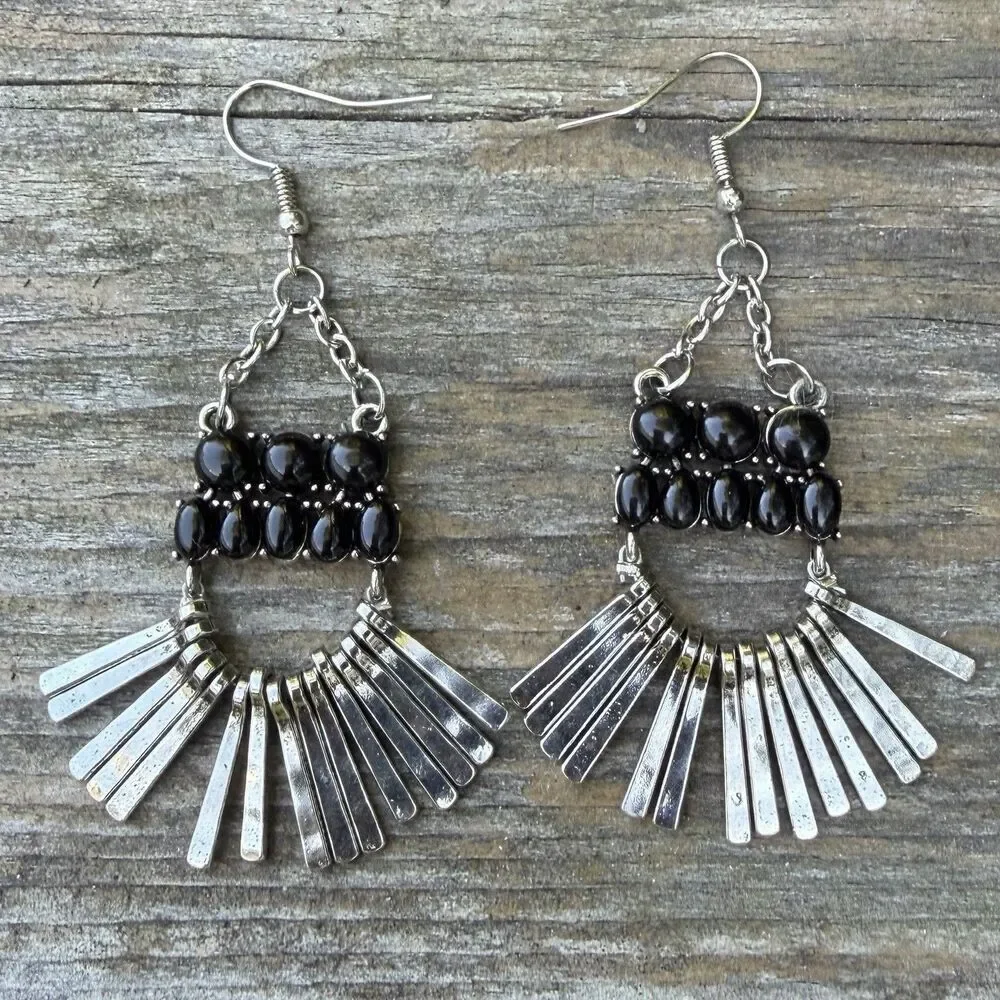 Paparazzi Boho Black Bead & Silver Dangle Fringe Feather Earrings New Western